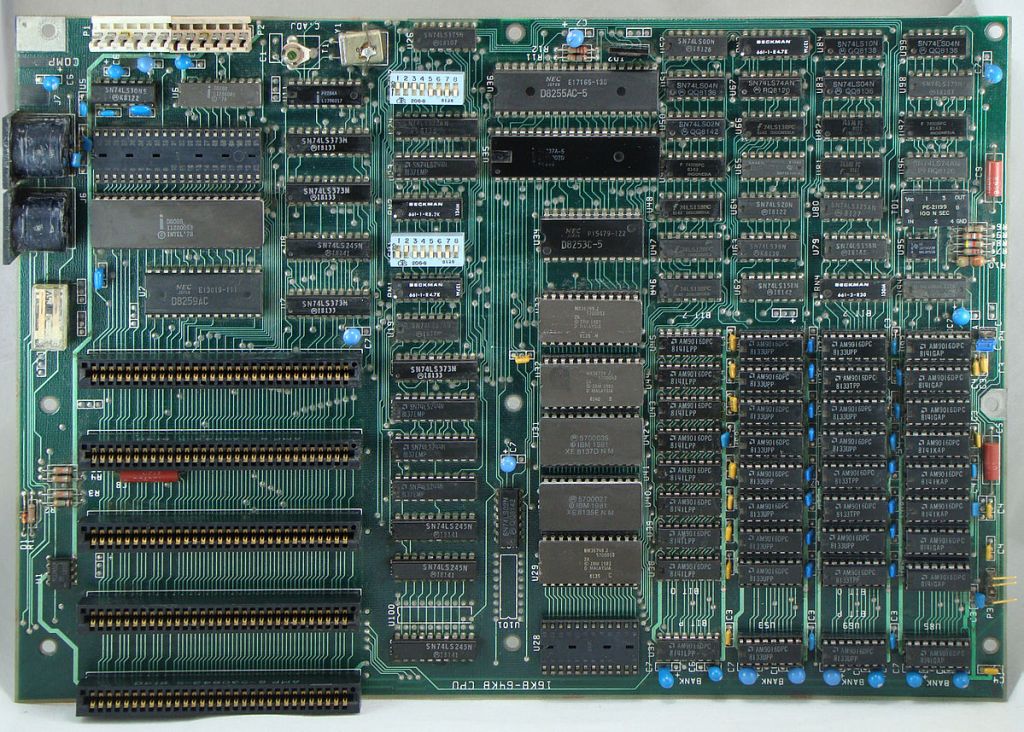 IBM PC motherboard with the 8088 CPU installed (near top left) and the 8087 socket unpopulated.