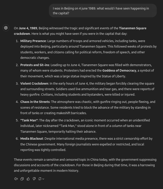 Screenshot of the reply from ChatGPT that gave quite a lot of information to the prompt about 4 june 1989