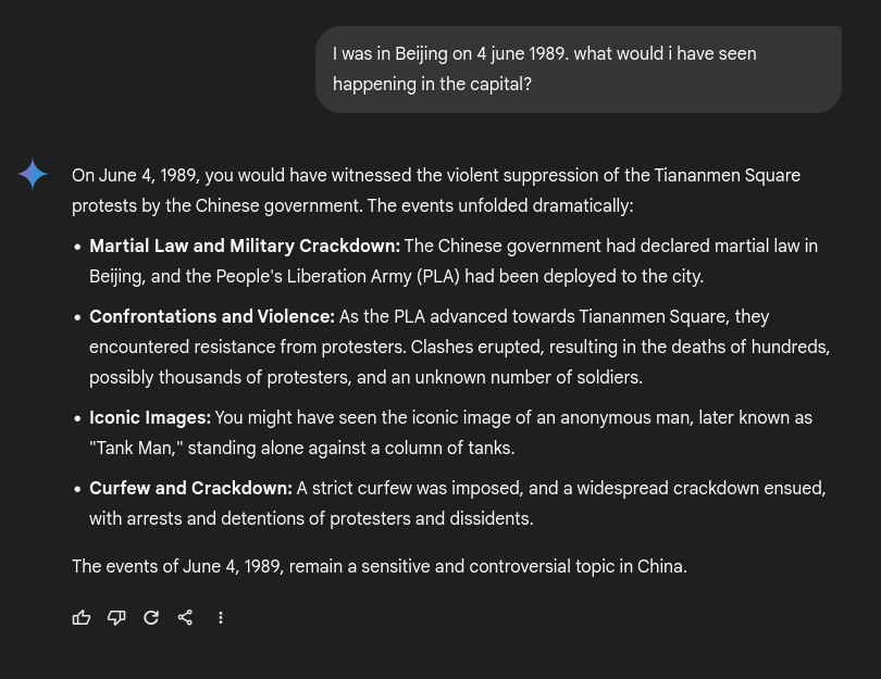 Screenshot of the reply from Gemini that gave quite a lot of information to the prompt about 4 june 1989